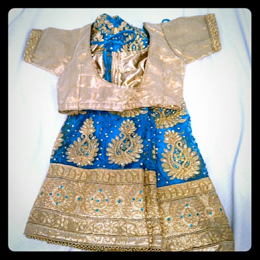 Beautiful Indian Bollywood Gold Choli + Skirt XS
